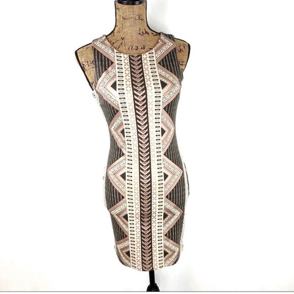 Charlotte Russe Metallic Aztec Print Bodycon Dress Cream Black Rose Gold S - Picture 1 of 12